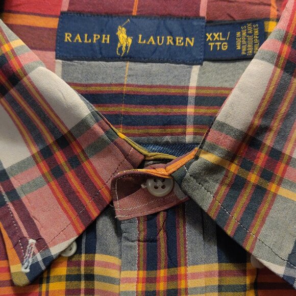 Ralph Lauren Double Faced Madras Plaid Shirt Blue Dobby Oxford Cloth XXL - Picture 2 of 5